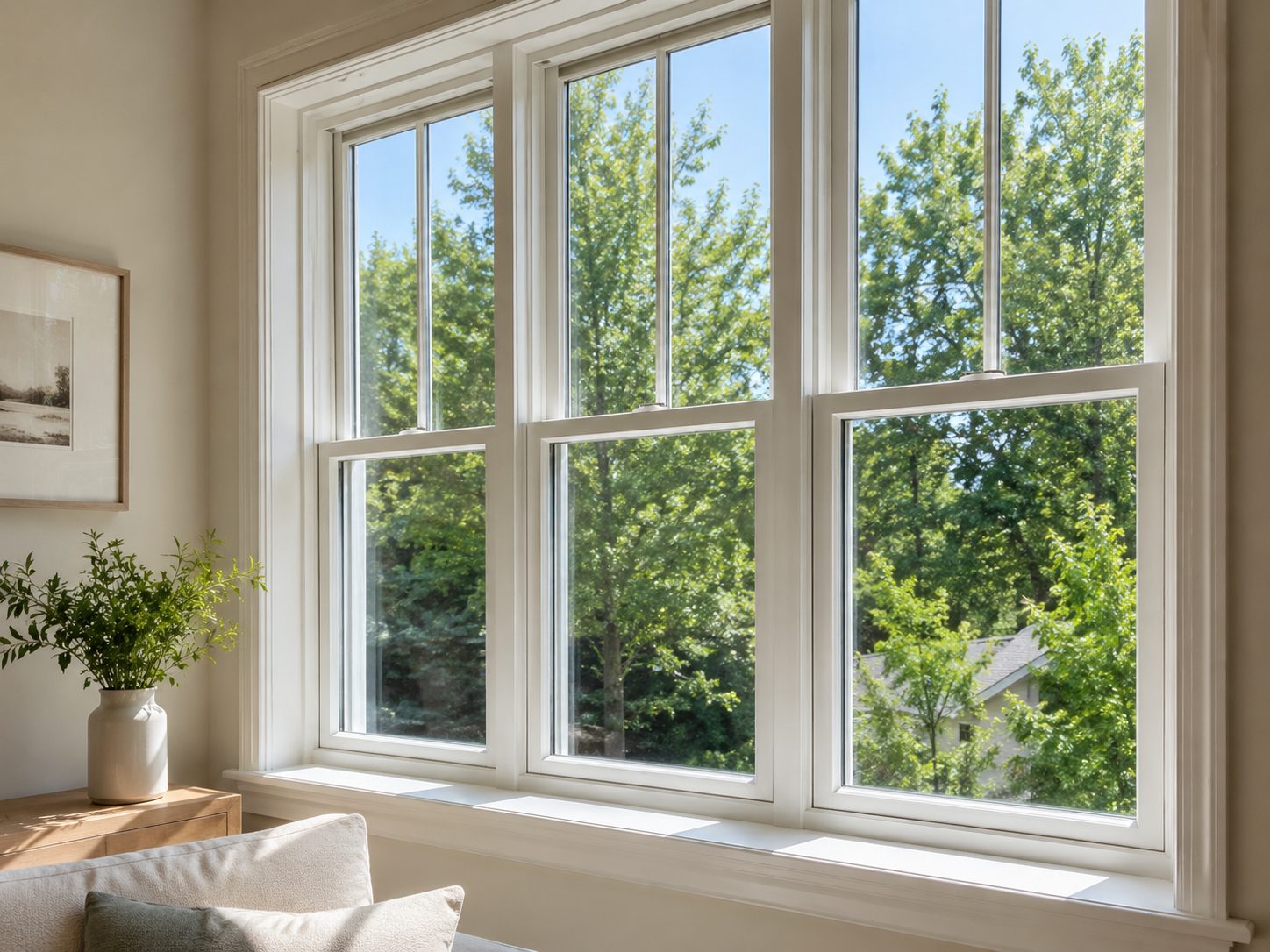 Large white windows overlooking lush green trees and a blue sky from a sunlit room.