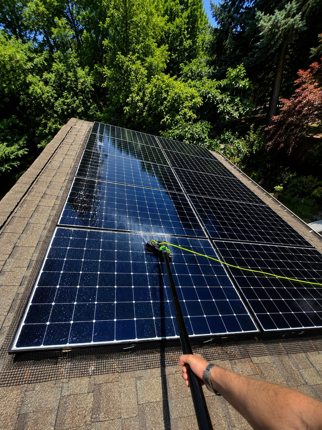 A person uses a long brush to clean solar panels on a residential shingle roof.