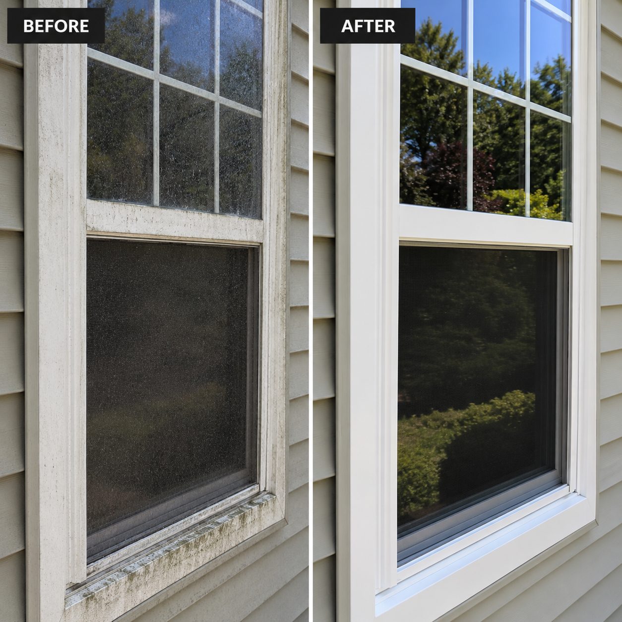 Side-by-side comparison of a dirty window frame before and after a thorough professional cleaning.