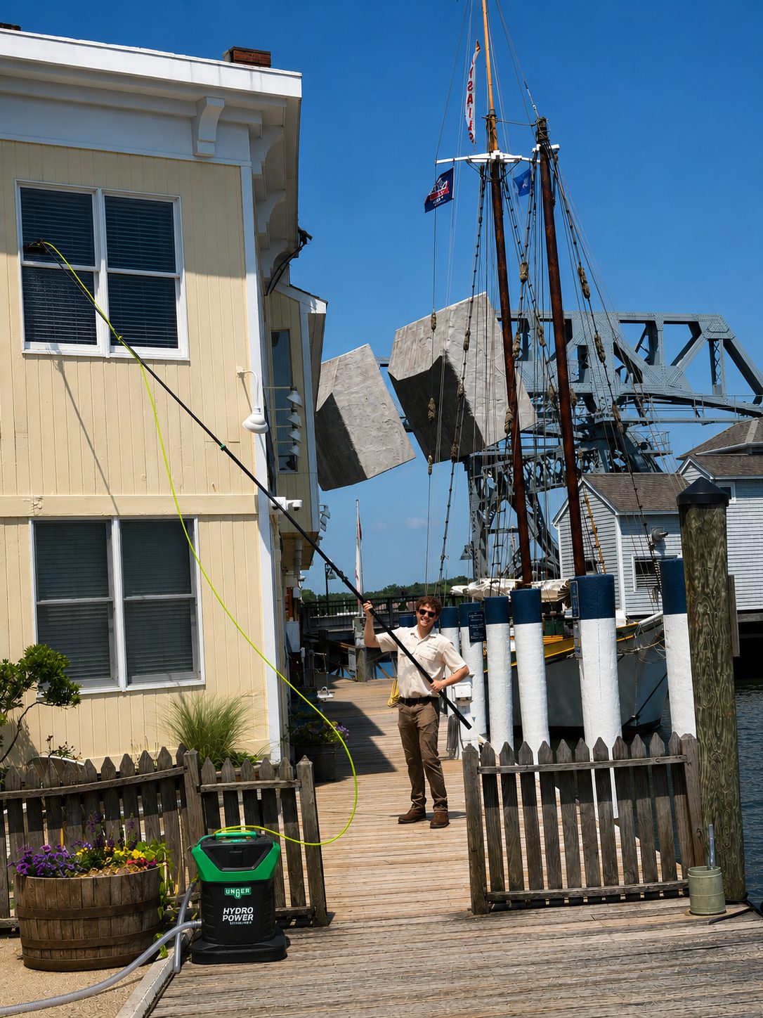 A man uses a long pole to clean windows on a yellow waterfront building.