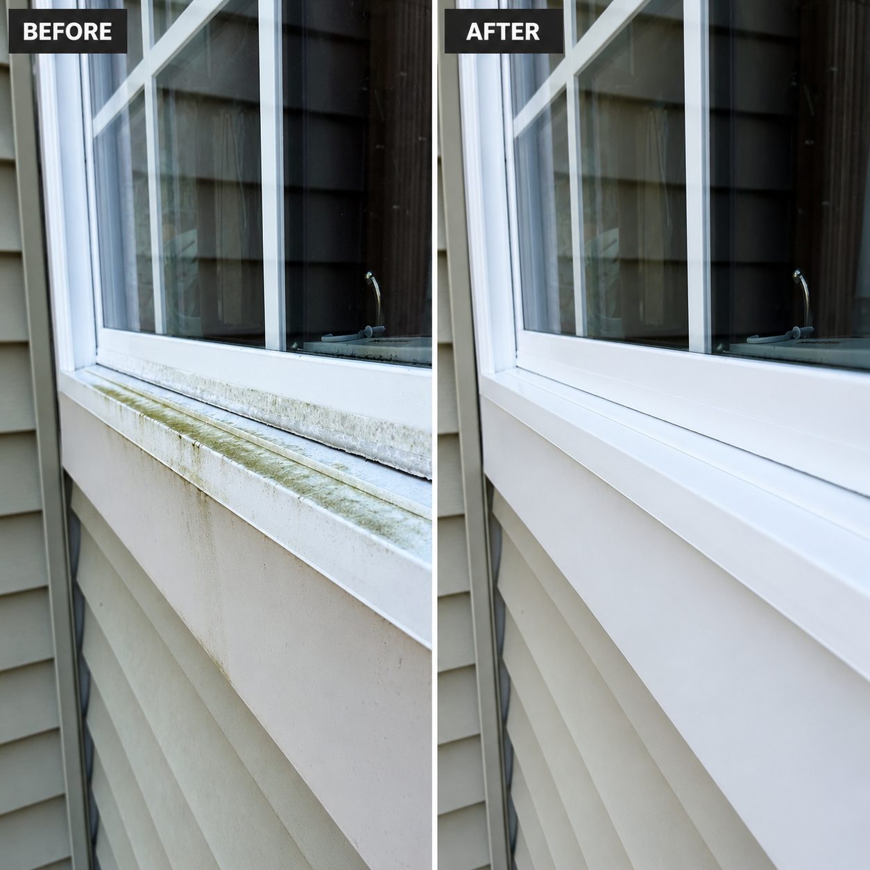 Before and after comparison of a white window frame cleaned of green algae and dirt.