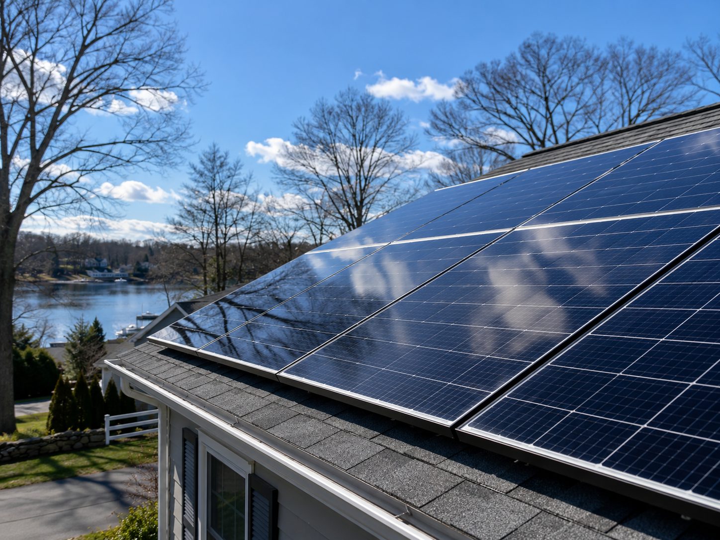 Close-up of dark grey roof shingles and white gutters overlooking a wooded residential neighborhood.