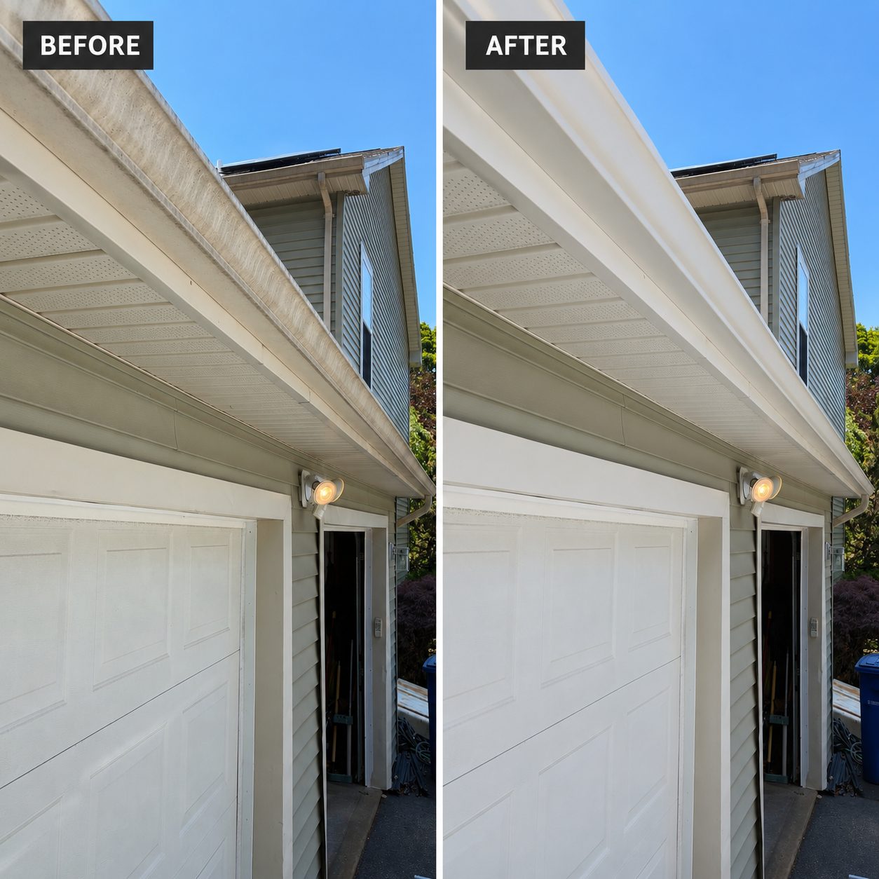 Before and after comparison showing dirty gutters restored to a clean, bright white finish.