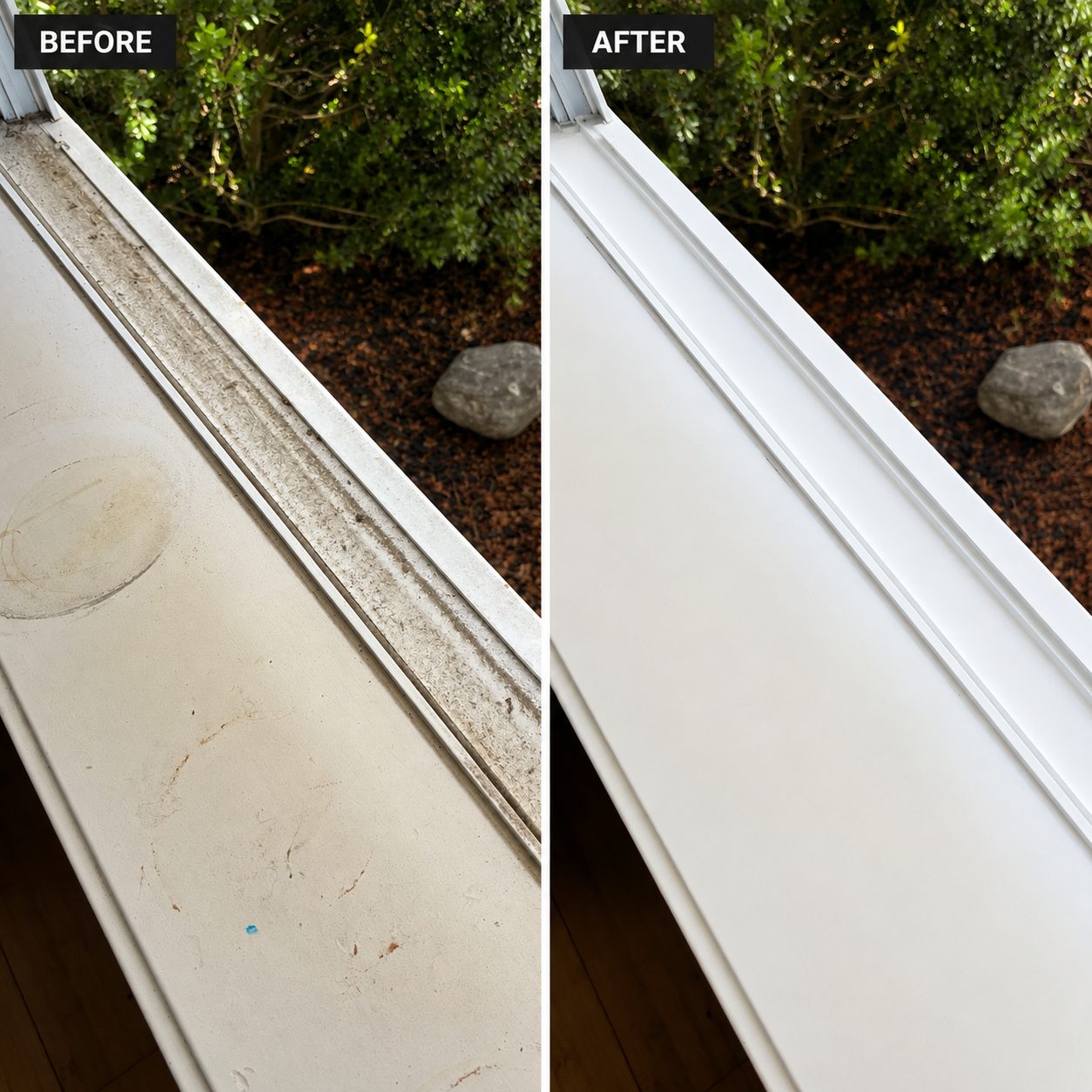 Before and after comparison showing a grimy window track becoming perfectly clean and white.