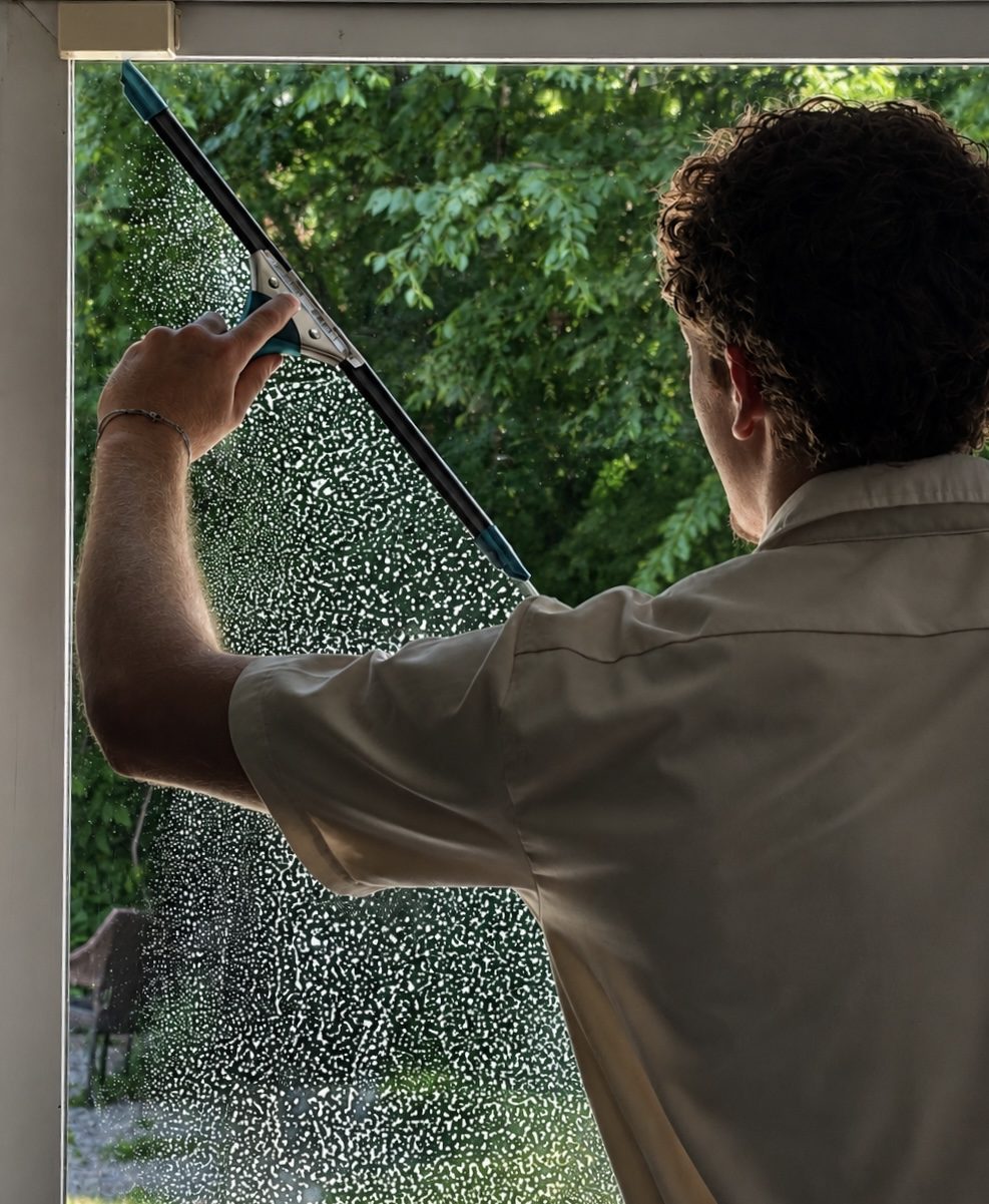 A man uses a squeegee to clean a soapy window overlooking lush green trees.